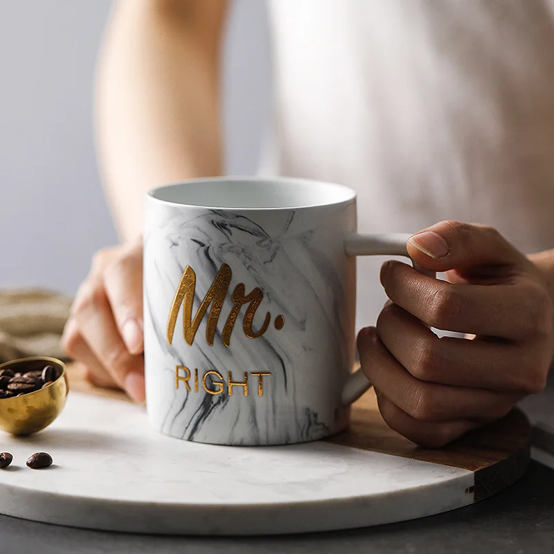 Мраморная кружка нордическая Mr Right & Mrs Always матовые керамические парные кружки