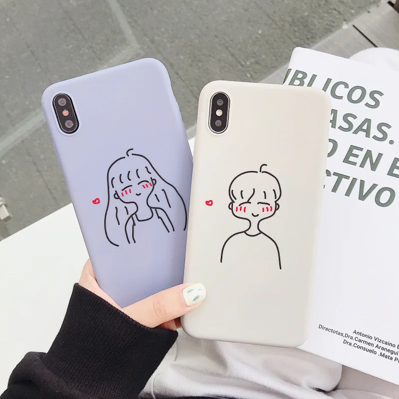 

Couple mobile phone case for iPhone X XR XS Max cute cartoon boy girl 6 6s 7 8 Plus matte TPU soft cover