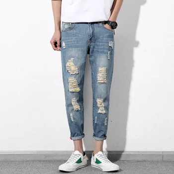 

Summer New Jeans Men Fashion Washed Casual Torn Holes Denim Pants Man Streetwear Hip Hop Loose Cowboy Trousers Male Clothes