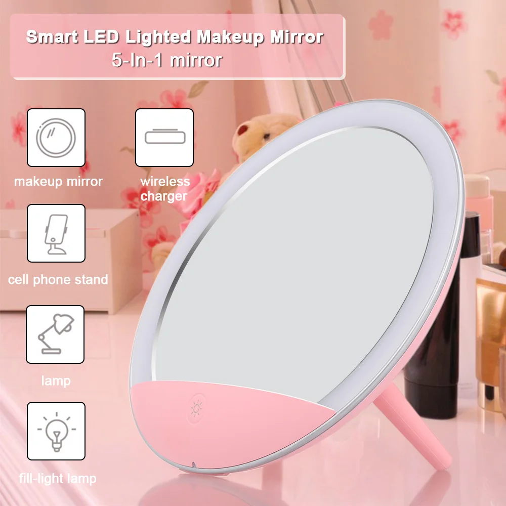 5 In 1 Makeup Mirror LED Lighted Wireless Charger Make Up Mirror Smart