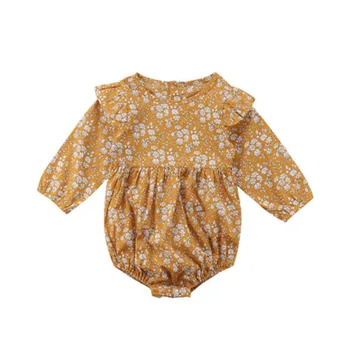 

2019 Summer Baby Kids Clothes Bodysuit Ginger Yellow Floral Peter Pan Collar Long Sleeve Baby Boys Girls Jumpsuit Outfits Set