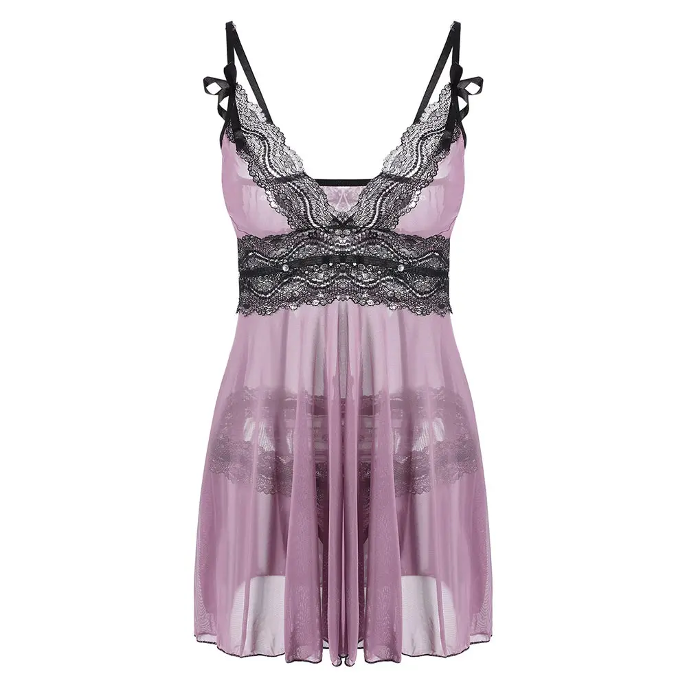 Wipalo Plus Size Backless Plunging Neck Slip Babydoll Sheer Chiffon