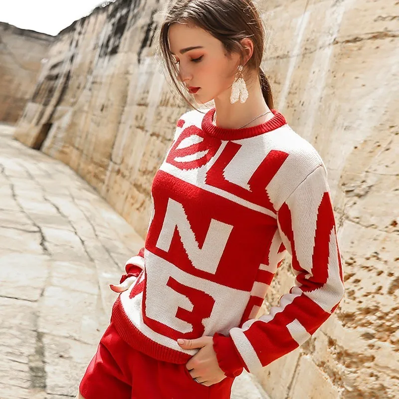 Autumn And Winter Red Sweater Female 2018 New Round Neck Long-sleeved Wooden Ear Letter Loose Pullover Women Upper Garment HJ86