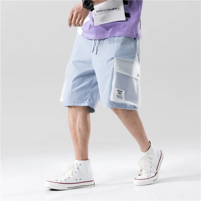 

Two-Tone Color Block Patchwork Loose Fit Cargo Shorts Streetwear 2019 Mens Harajuku Casual Pockets Short Joggers Sweatpants Male