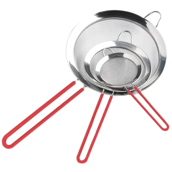 

3 Fine Mesh Stainless Steel Strainers Colander With Slicone Handle - Food Strainer and Sieve - Best for Kitchen, Quinoa, Spagh