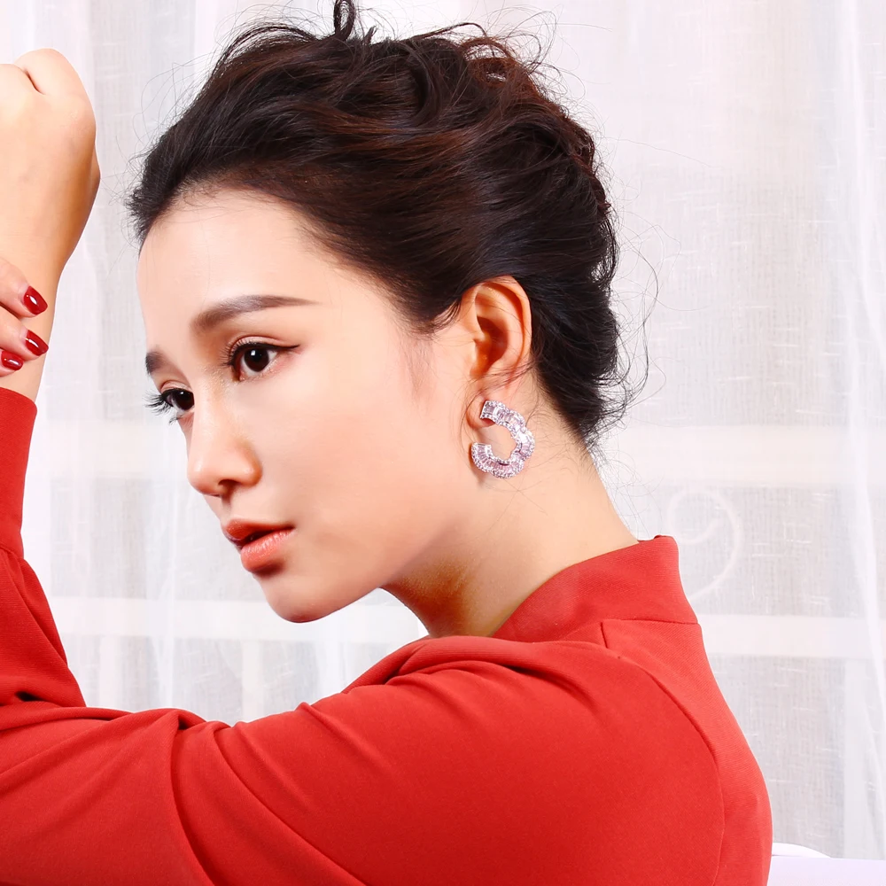 Luxury Curve Shape Jewelry Big Stud Earrings Trendy White/Gold-Color Shiny CZ Crystal Large earrings for Women