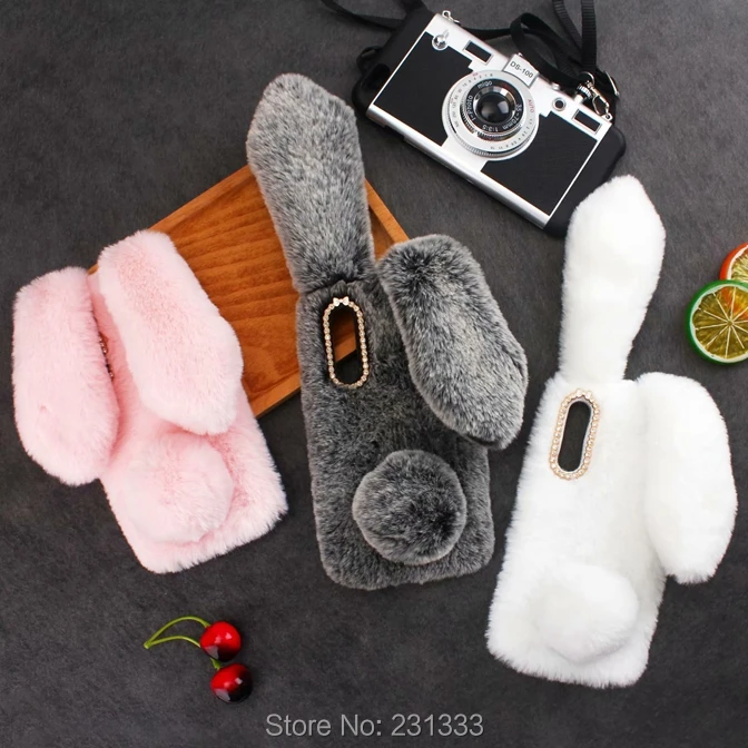 

C-ku 3D Rabbit Ear Hair Fur Soft TPU Case For Samsung Galaxy M20 For Motorola Moto E5 Warm Diamond Bling Fluffy Skin Cover 1pcs
