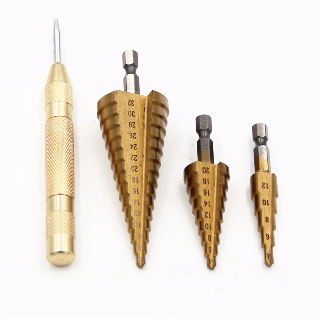 

3pc Hss Step Cone Taper Drill Bit Set Hole Cutter Metric 4-12/20/32mm with Center Punch Metal Hex Stepped Drill Bits