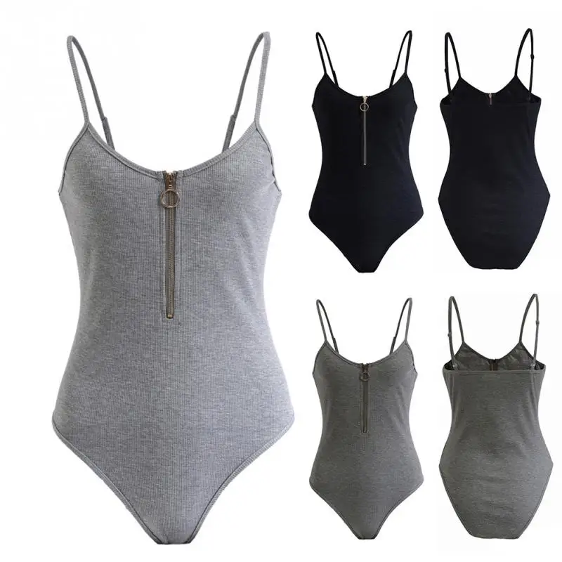 Women Zipper Front Bodysuit Slim Ribbed Sexy Casual Spaghetti Strap