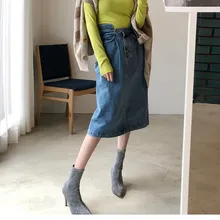 Весна-лето, тонкая джинсовая юбка миди с высокой талией, Женская свободная уличная прямая юбка, Женские повседневные джинсовые юбки с карманами