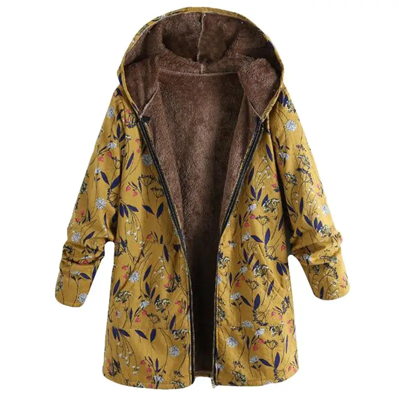 

S 5XL Winter Fleece Thick Outwear 2019 Women Casual Hooded Long Sleeve Warm Jacket Vintage Floral Printed Plush Fluffy Coat