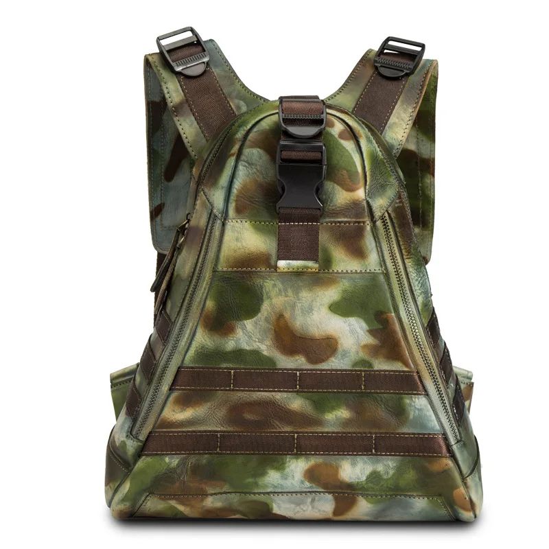 

Genuine Leather Daypack Rucksack Brush Color Knapsack Camouflage Travel Bag Multi-Capacity High Quality Men Cowhide Backpack