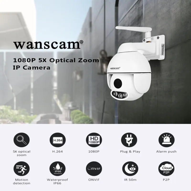 WANSCAM HW0054 1080 P HD Wi-Fi открытый Применение IP Камера 5 раз Оптический зум P2P обнаружения движения двухстороннее аудио Ночное видение Камера