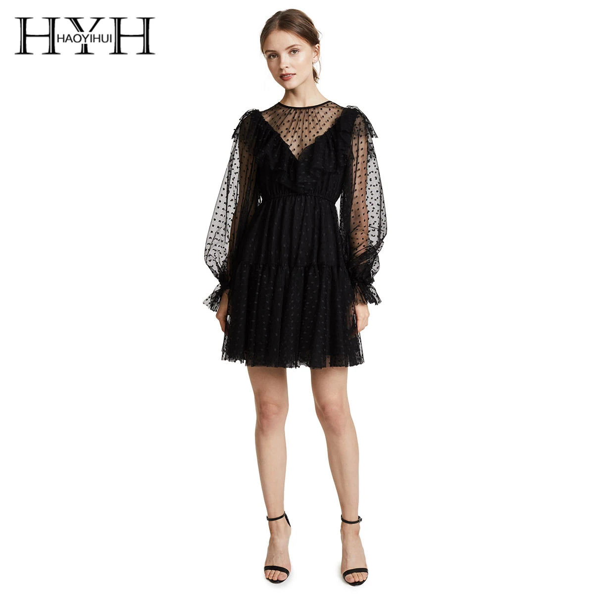 

HYH Haoyihui Brand Women Black Mini Dress Wave point Chiffon Lantern Long Sleeve Female Sexy Vestido Semi Sheer Ladies Dresses