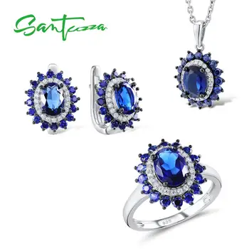 

Silver Flower Jewelry Set Bridal Wedding Jewelry Set Blue CZ Stones Ring Earrings Pendant Set 925 Sterling Silver Jewelry Set
