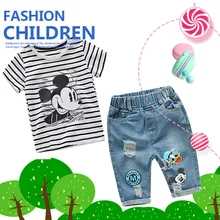 Summer Infant Boys Girls Cartoon Striped T Shirt + Denim Shorts Clothes 2pcs Sets Children Kids Hole Jeans Clothing