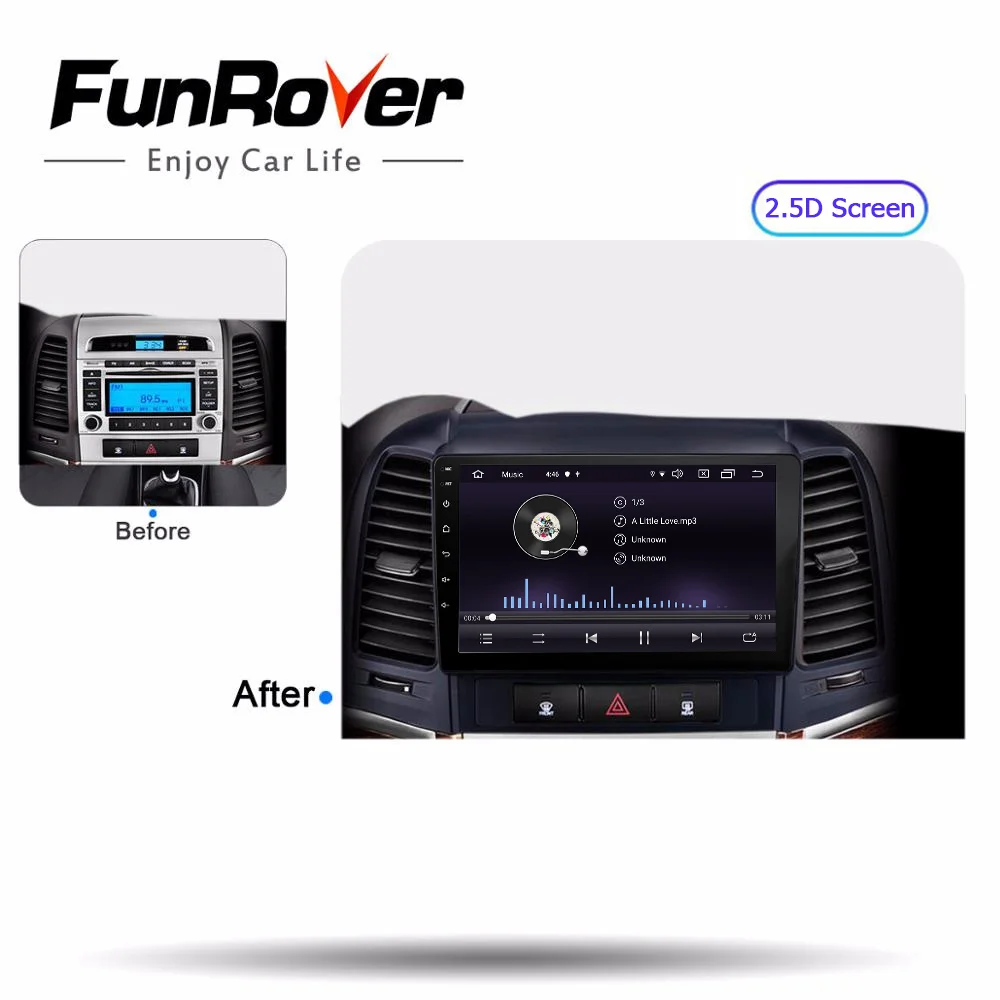 Perfect FUNROVER android 9.0 2.5D+IPS car dvd multimedia player For Hyundai Santa Fe 2005-2012 radio gps navigation navi stereo DSP BT 1