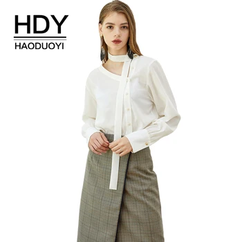 

HDY Haoduoyi New Spring Autumn Tops Office Ladies Blouse Fashion Long Sleeve Slim White Asymmet Shirt Female Cute Work Blouses