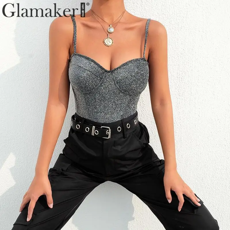 Женский облегающий боди Glamaker цельный комбинезон без рукавов с люрексом для