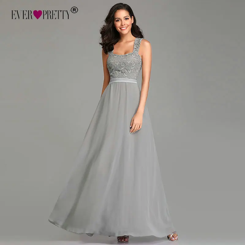 Grey Evening Dresses Long Ever Pretty Elegant A Line Sleeveless Backless Lace Appliques Wedding Guest Dress Party Gown Vestidos