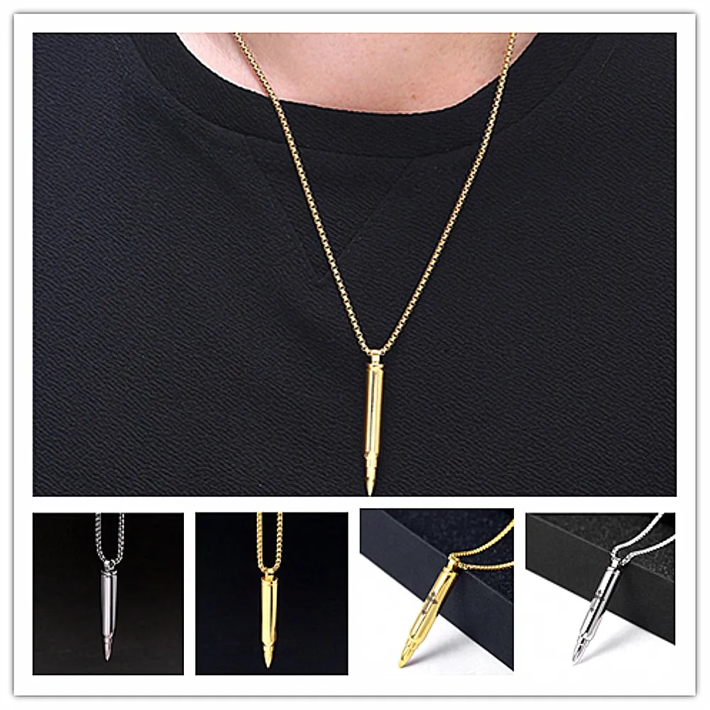 

Fashion long necklace men jewelry stainless steel cross gold chain male bullet necklace pendant design box Link Chain unscrewed