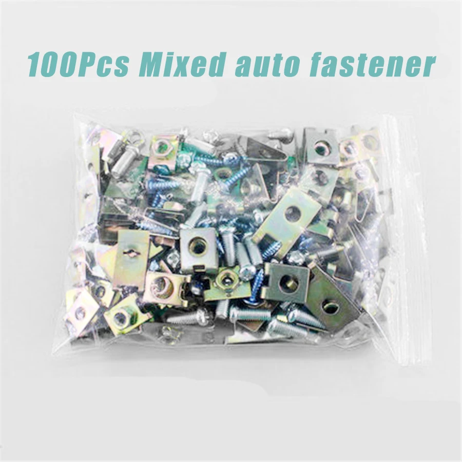 100Pcs Mixed Auto fastener U Type Gasket Fender Fixed screw Metal Clips For Car Door Trims Roof Linings Interior