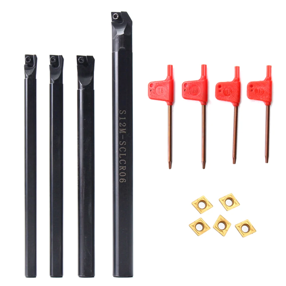 

4Pcs SCLCR06 7/8/10/12mm Lathe Boring Bar Tunring Tool Holders + 5Pcs CCMT0602 Inserts + 4Pcs Wrenches for semi-finishing