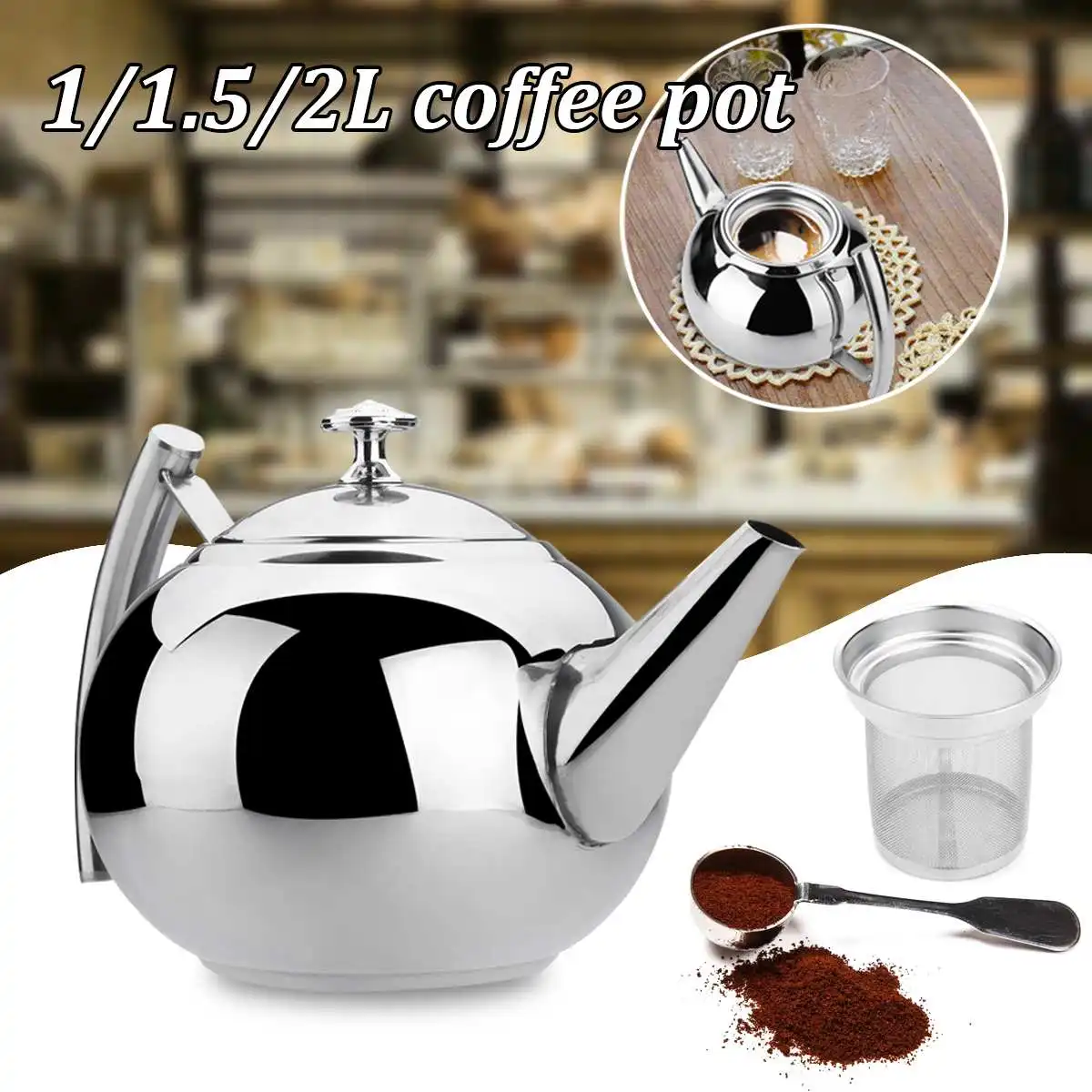 1/1.5/2L Stainless Steel Tea Pot with Tea Strainer Teapot with Tea