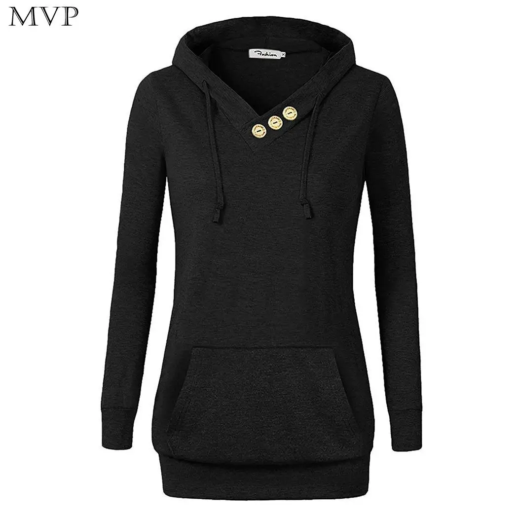 Neck Front Pockets Red Spring Sleeve Autumn Winter Wine Sweatshirt Pocket Hooded Women Casual