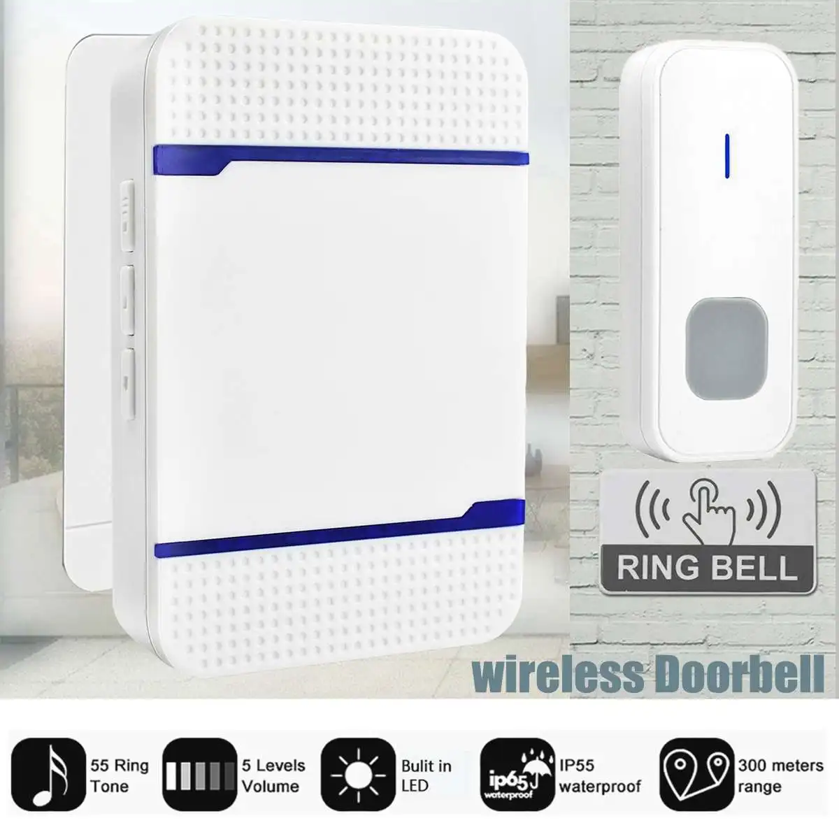

New Wireless Doorbell Remote EU AU UK US Plug Chime battery with Chime Receiver & Transmitter LED Smart Door Bell Waterproof