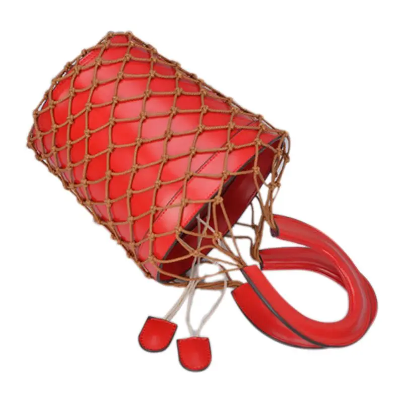 

Popular Hollow Net Bags Chic Women Bucket Tote Bag Barrel Shaped Lady Vintage Handbags Leather Composite Bag