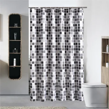 

ALIM HOT Black+white+gray Plaid Bathtub Bathroom Fabric Shower Curtain Waterproof Mildewproof With 12 Hooks Bath Curtains 200X