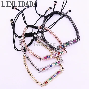 

6Pcs Charm 4mm beads rope bracelet Trendy Pave CZ Rectangle Bar Braided Macrame Bracelet for women Jewelry