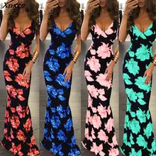 Xnxee 2019 Women's Europen and American Fashion Sexy Print Dress Harness Dress Flower Dress Bohemian Slim Dress Xnxee crane and flower print shell dress