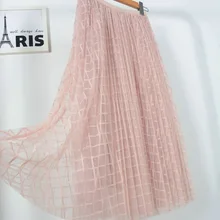 PEONFLY Винтаж весна юбки для женщин для Эластичный Высокая Талия Тюль сетчатая юбка длинные плиссированные пачка клетчатая