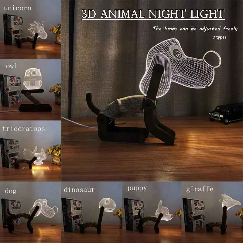 

LED Night Light Warm White Color Wood Light Dog Unicorn Dinosaur Model Flexible 3D Illusion Lamp for Kids