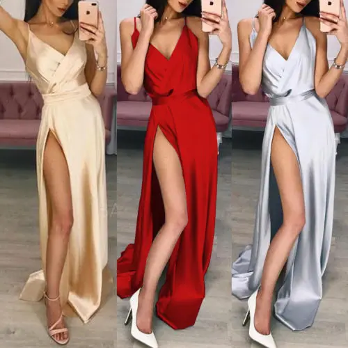

Women's Elegant Wedding Bridesmaid Sleeveless V-Neck Formal Long Dress Formal Solid V neck Dresses Femma Vestidos Split Dresses