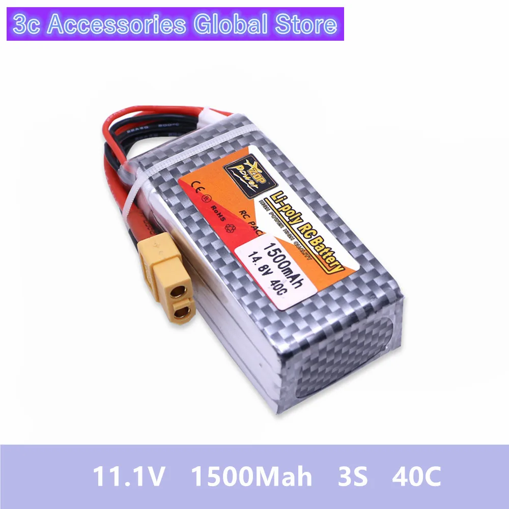 

zop Original LiPo Battery 11.1V 1500Mah 3S 40C Max 60C XT60 Plug For RC Quadcopter Drone Helicopter Car Airplane Toy Parts