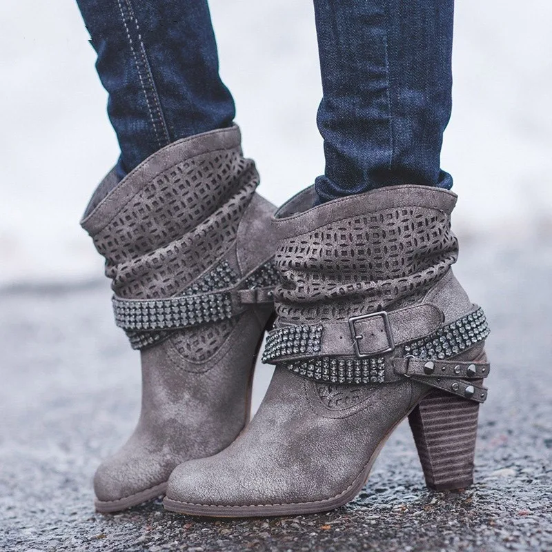 

2019 New Women Winter Boots Warm Boot Feminina Boots Booties Motorcycle Buckle Strap Crystal Shoes Feminina Woman Thick Heel