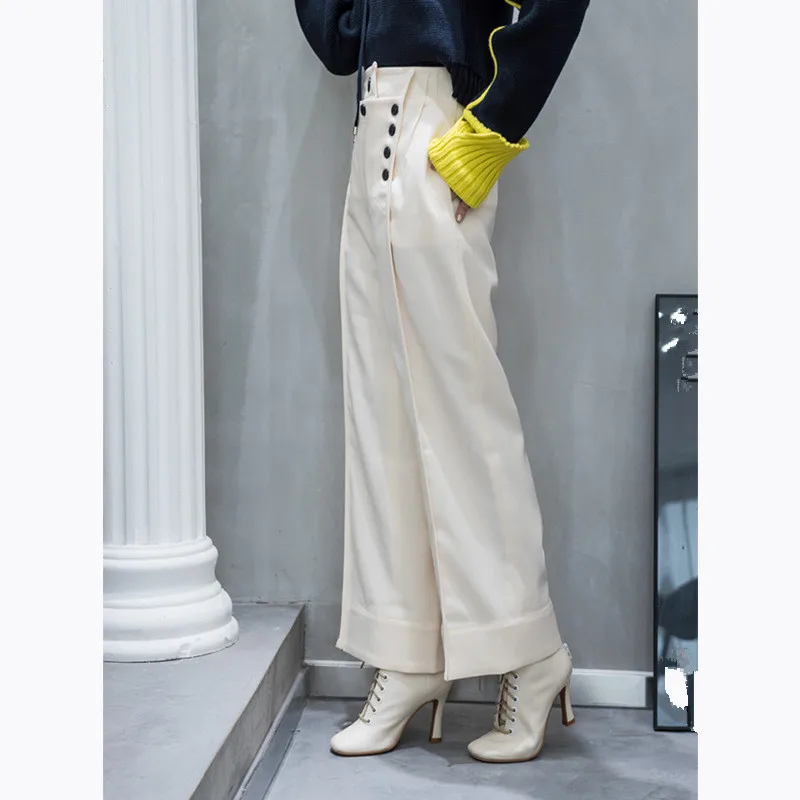 Nueva Ancha Mujer Beige Doble Pierna Pantalones Otoño Alta Casuales Breasted Patchwork Invierno Cintura Moda De Sueltos SwnSxPrY