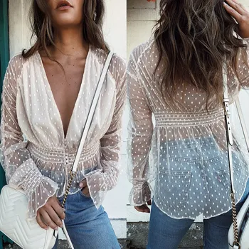 

2019 White Ruffle Sleeve Women Lace Shirt Dot Sexy Shirt V Neck Mesh Blouse