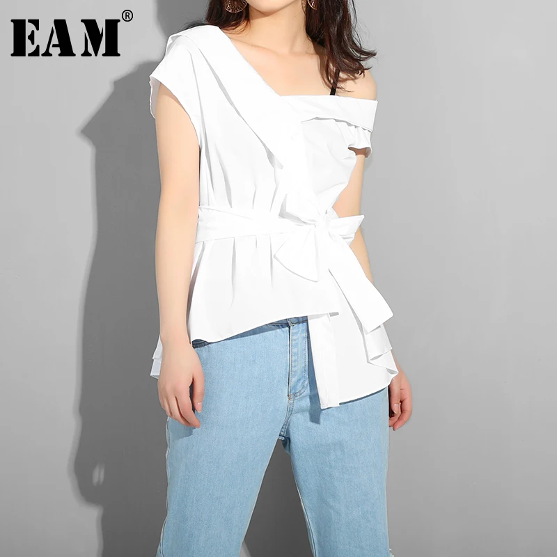 

[EAM] 2019 New Spring Summer Skew Collar Short Sleeve White Waist Bandage Bow Irregular Hem Shirt Women Blouse Fashion J49