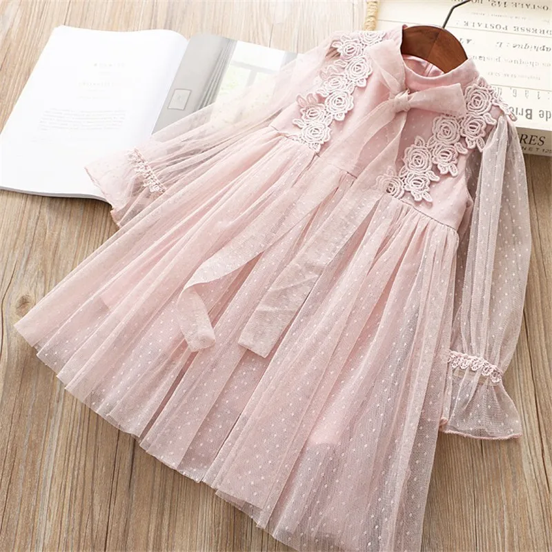 Spring girl dress lace long sleeve pink beidge kids dresses...
