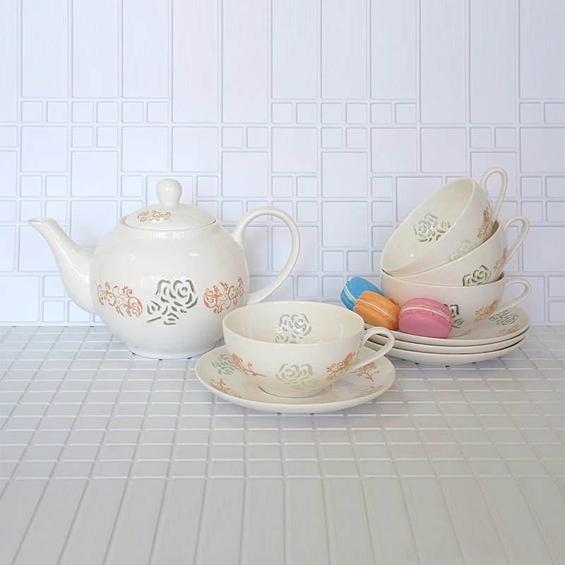 

High quality bone china handmade Tea set White orange abstract flower pattern A set of 9 pieces 1000ml Birthday Holiday Gift