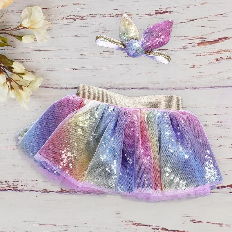 

Baby Girls Skirt Headband Set Rainbow Glitter Sequins Bow Petti Skirts For Toddlers Newborn Kids Photo Graphy Costume Ball Gown