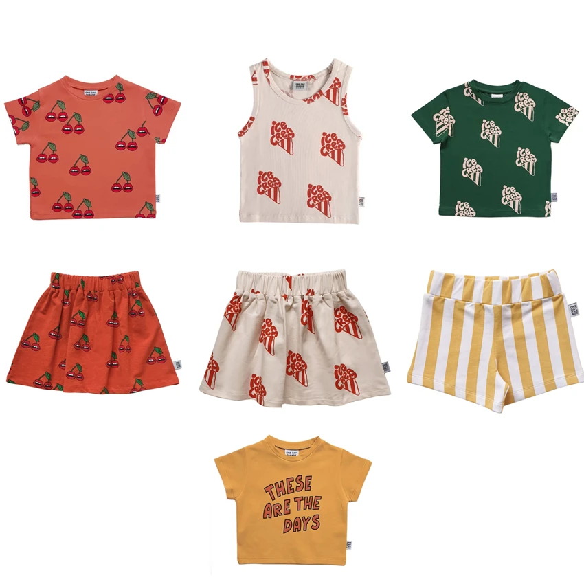 

Pre Sale 2019 Summer One Cherry T-shirt Ice Cream Vest Baby Boy Girl Clothes Tops Tees Letter Striped Skirt Boys T-shirts Sets