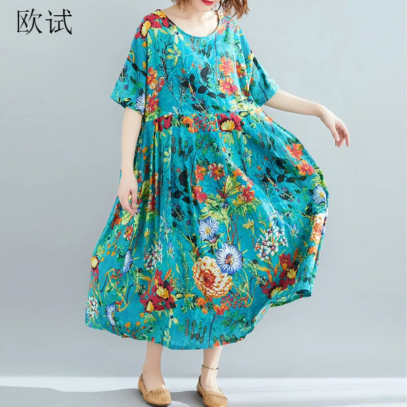 Oversized Boho Floral Print Cotton Long Dress Women Casual Loose Ladies