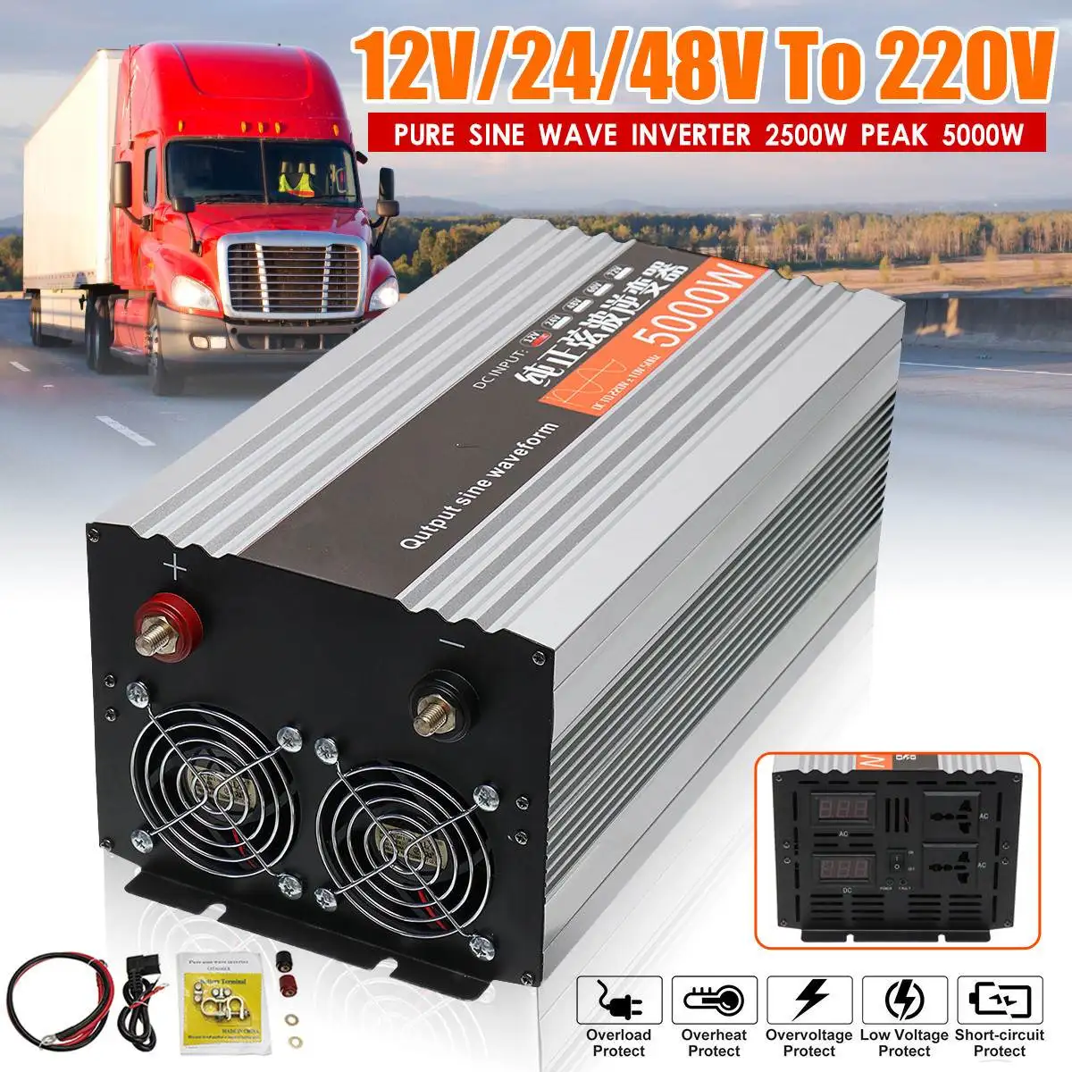 

5000W 60Hz Portable Car Power Inverter Charger Converter Adapter Pure Sine Wave Dual LED Display 12 24 48DC To 220V Converter