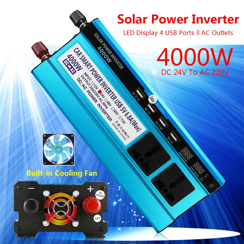 

4000W Car LED Solar Power Inverter DC 12/ 24V to AC 220V Sine Wave USB Converter Short Circuit Protection Dual Screens Cool Fan