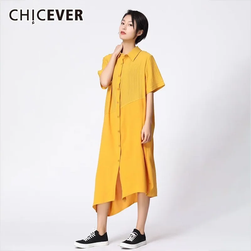 

CHICEVER Spring Casual Asymmetrical Women Dress Square Collar Short Sleeve Button Mid-calf Loose Oversize Female Dresses 2019